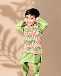 Thumbnail for Green 3 piece Digital Print Kurta Pajama with Printed Nehru Jacket Set