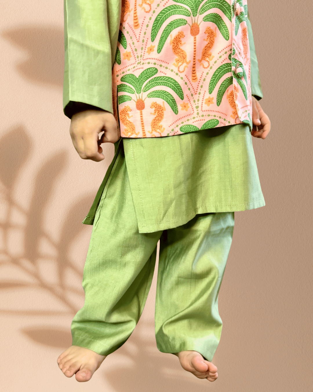 Green 3 piece Digital Print Kurta Pajama with Printed Nehru Jacket Set