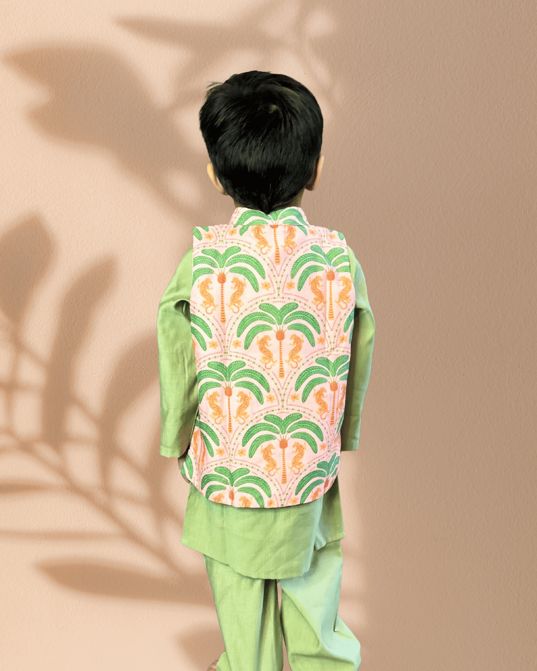 Green 3 piece Digital Print Kurta Pajama with Printed Nehru Jacket Set
