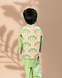 Thumbnail for Green 3 piece Digital Print Kurta Pajama with Printed Nehru Jacket Set