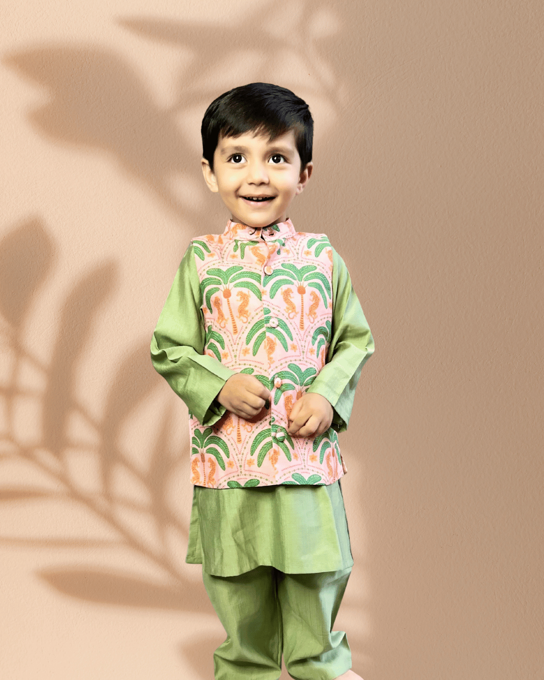 Green 3 piece Digital Print Kurta Pajama with Printed Nehru Jacket Set