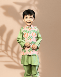 Thumbnail for Green 3 piece Digital Print Kurta Pajama with Printed Nehru Jacket Set