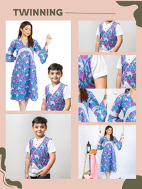 Thumbnail for Mom & Boy Blue Floral Cotton Hand Block Printed Twinning Set Duo