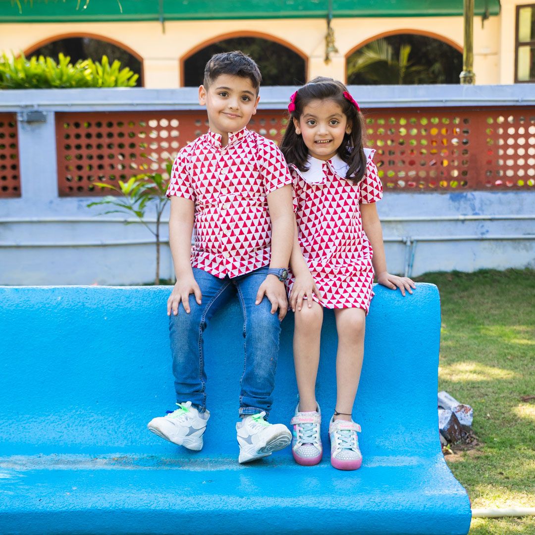 Boy & Girl Cotton Handblock Red Triangle Printed twinning set Duo