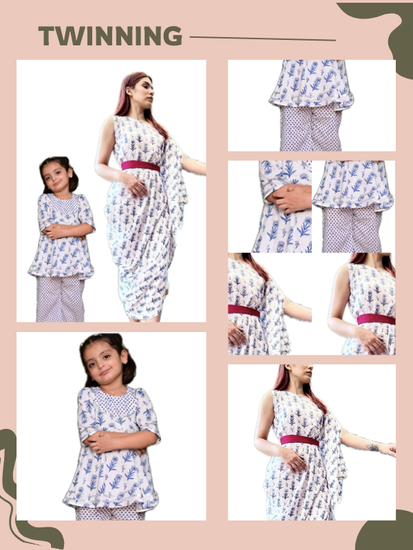 Mom & Daughter Blue & White Cotton Hand Block Printed Twinning Set Duo