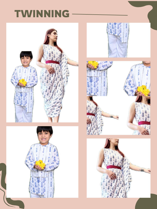 Mom & Son Blue & White Cotton Hand Block Printed Twinning Set Duo