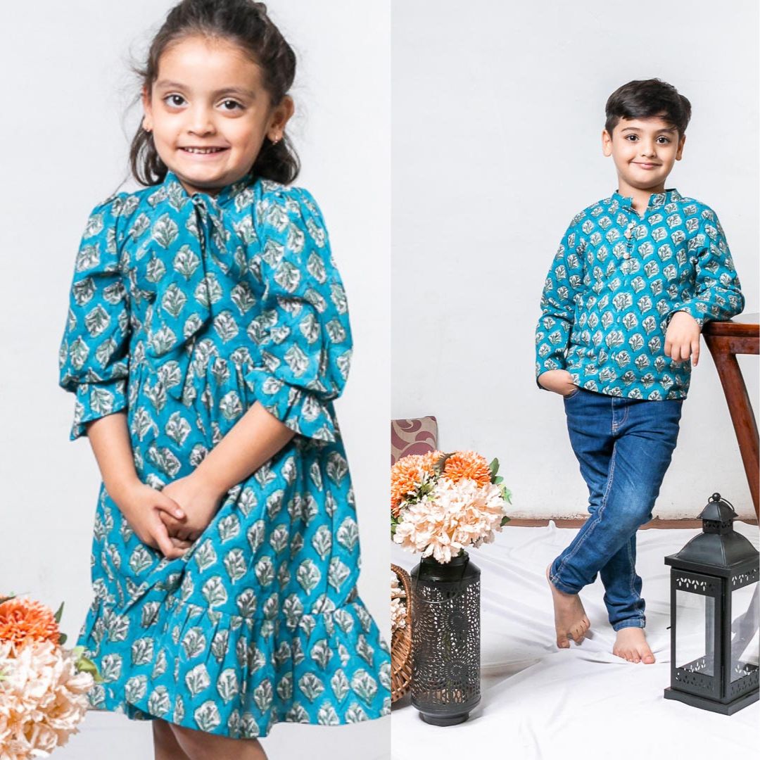 Boy & Girl Cotton Handblock Blue Floral Printed twinning set Duo