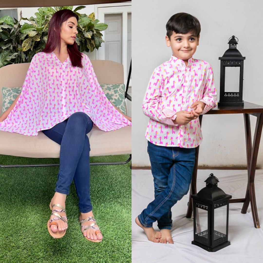 Mom & Son Pink Giraffe Cotton Handblock Printed Twinning Set Duo