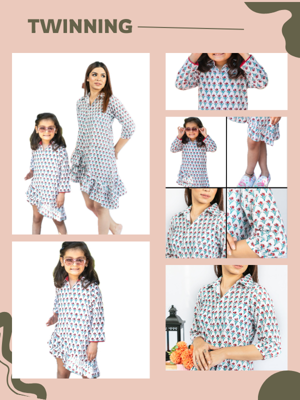 Mom & Daughter Red & White Floral Cotton Hand Block Printed Twinning Set Duo