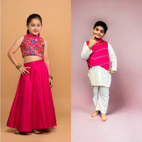 Thumbnail for Boy & Girl Fuchsia Pink Cotton Hand embroidered twinning set Duo
