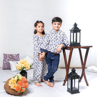 Thumbnail for Boy & Girl Cotton Handblock Blue Animal Printed twinning set Duo