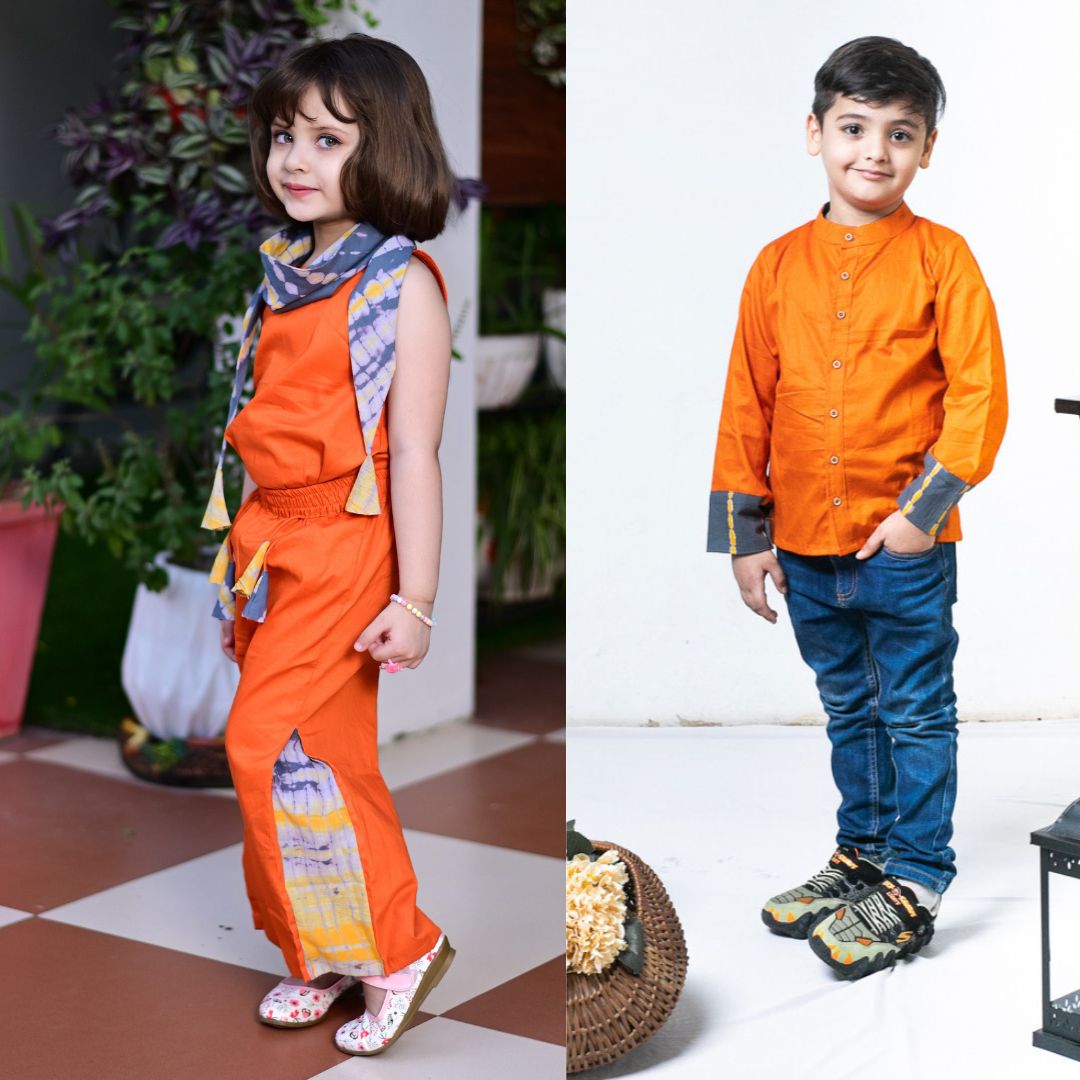 Boy & Girl Plain Cotton with Shibori twinning set Duo