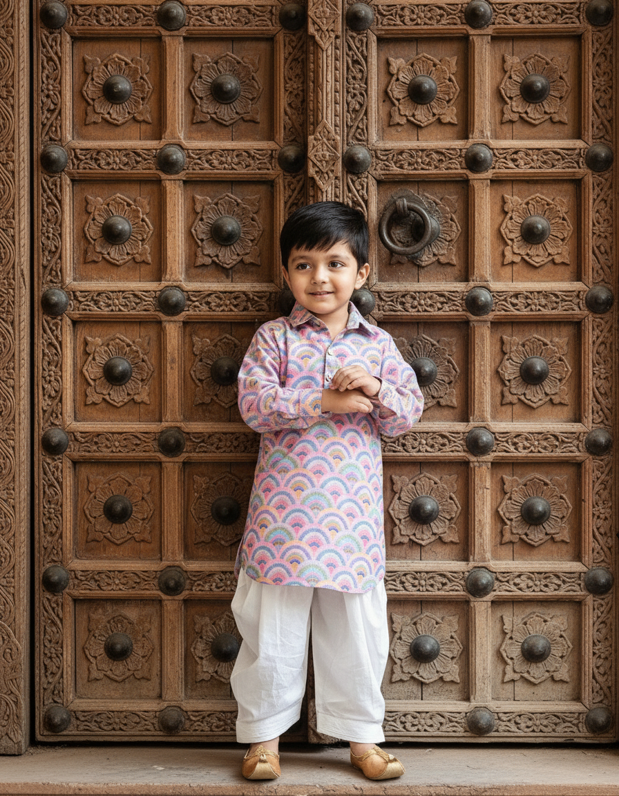 Pink & White 2 piece Digital Print Kurta Pajama Set for Boys