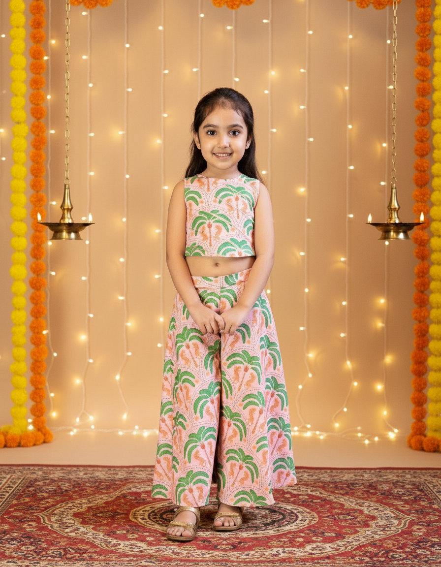 Peach & Green 2 Piece Digital Palm Print Coord Set For Girls