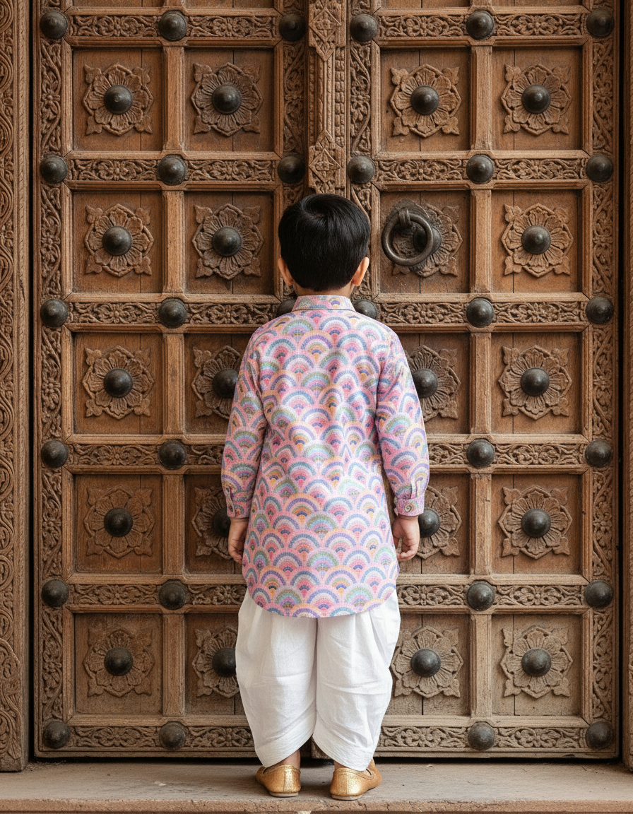 Pink & White 2 piece Digital Print Kurta Pajama Set for Boys