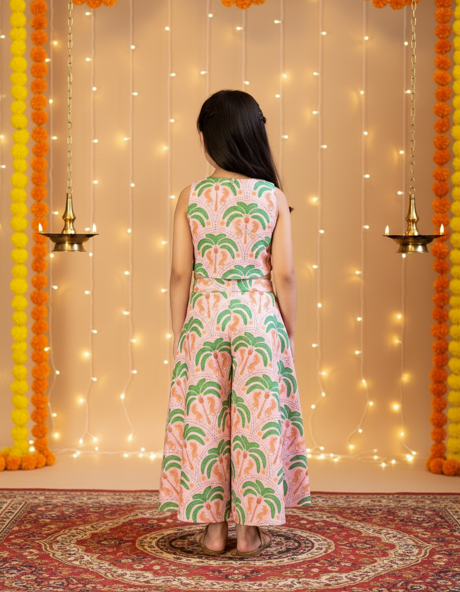 Peach & Green 2 Piece Digital Palm Print Coord Set For Girls