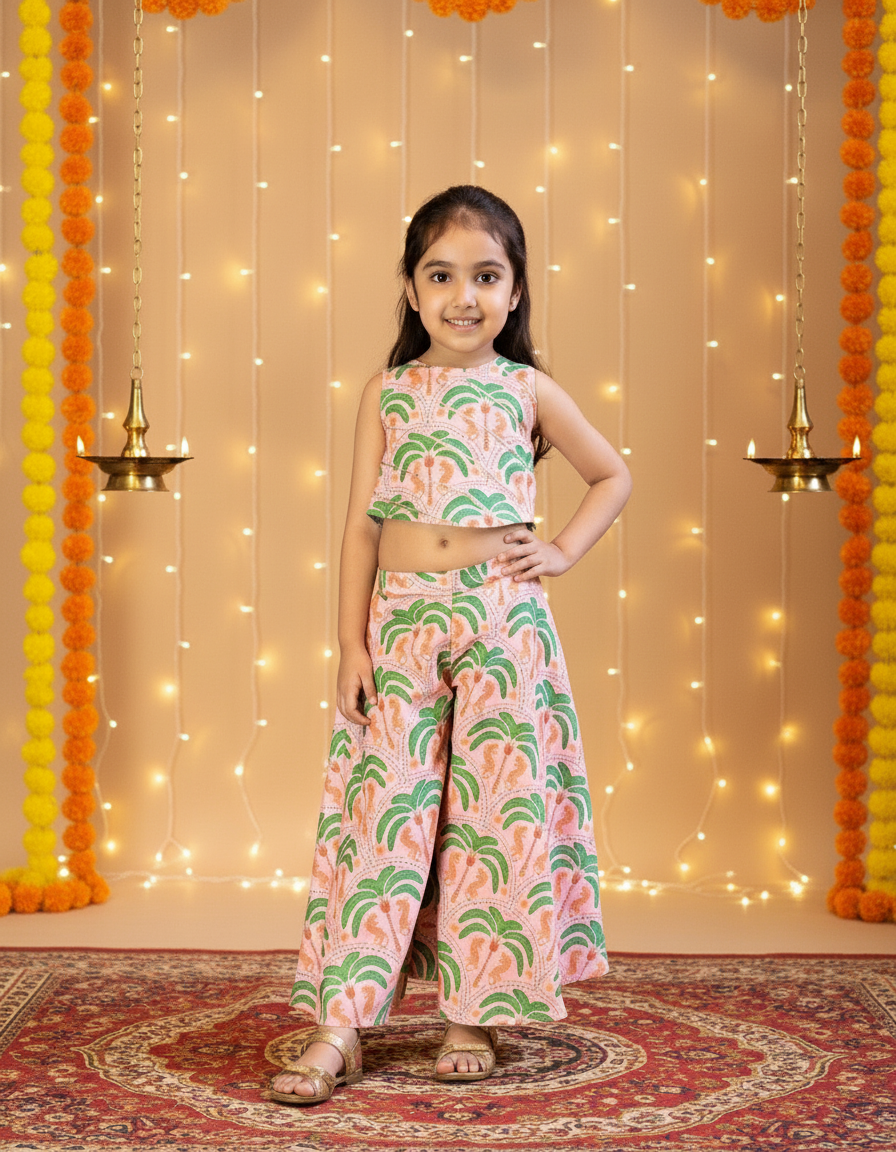 Peach & Green 2 Piece Digital Palm Print Coord Set For Girls