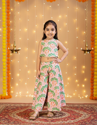 Thumbnail for Peach & Green 2 Piece Digital Palm Print Coord Set For Girls