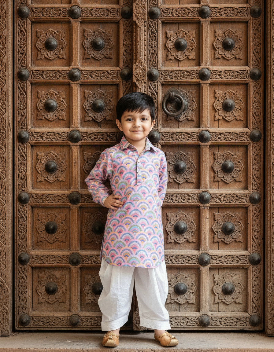Pink & White 2 piece Digital Print Kurta Pajama Set for Boys