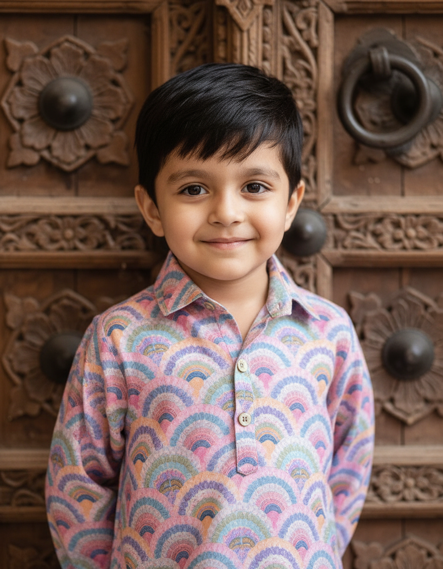 Pink & White 2 piece Digital Print Kurta Pajama Set for Boys