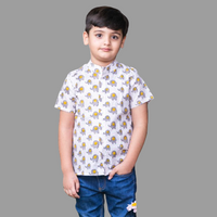 Thumbnail for Grey & Yellow Cotton Block Print Animal Shirt For Boys
