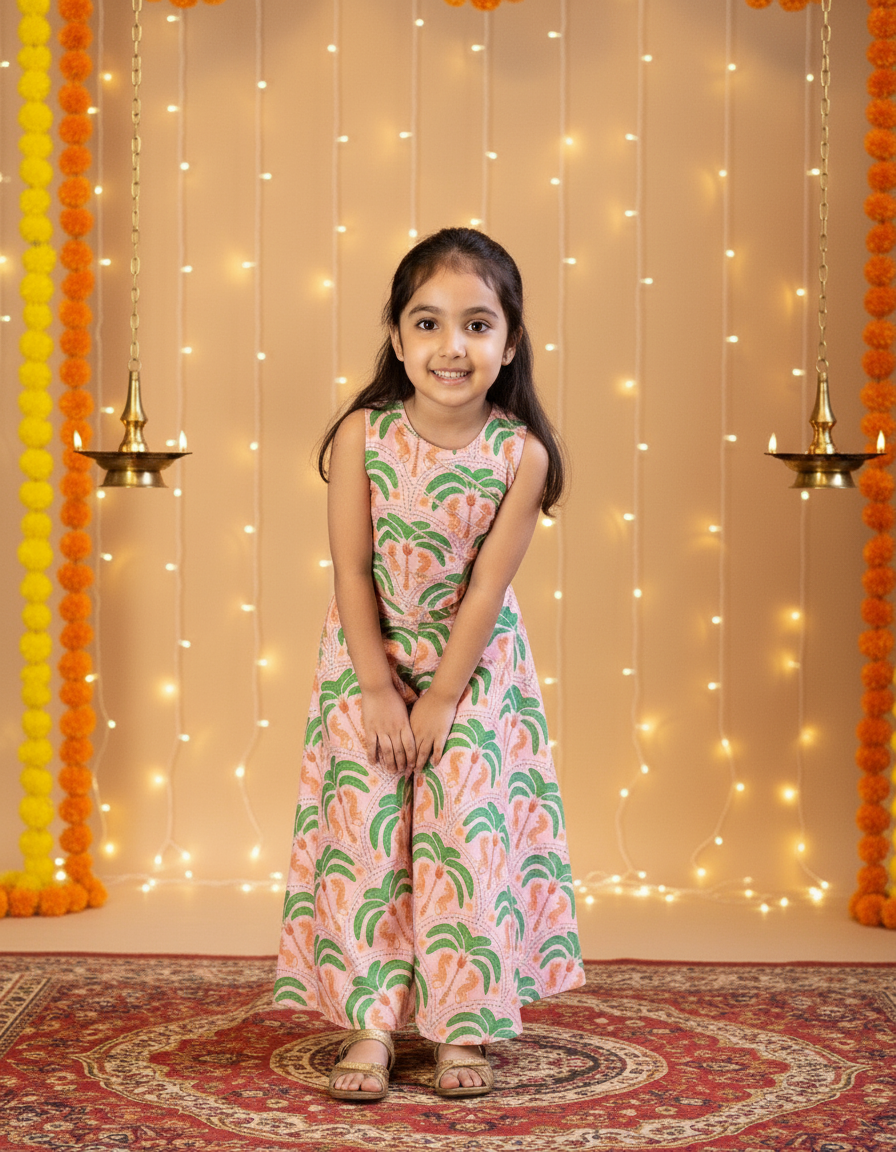 Peach & Green 2 Piece Digital Palm Print Coord Set For Girls