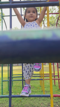 Two Piece White & Blue Cotton Animal Block Print Top And Culottes Set For Girls