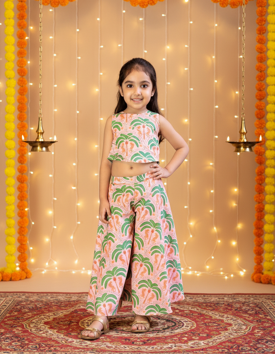 Peach & Green 2 Piece Digital Palm Print Coord Set For Girls