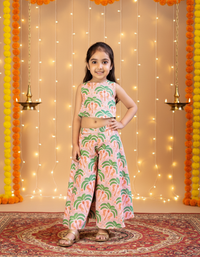 Thumbnail for Peach & Green 2 Piece Digital Palm Print Coord Set For Girls