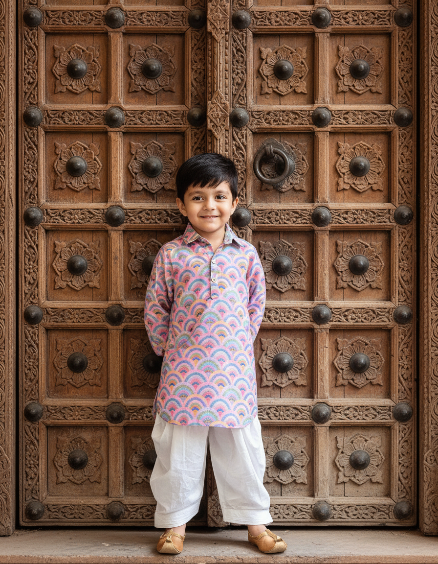 Pink & White 2 piece Digital Print Kurta Pajama Set for Boys
