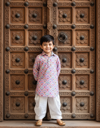 Thumbnail for Pink & White 2 piece Digital Print Kurta Pajama Set for Boys