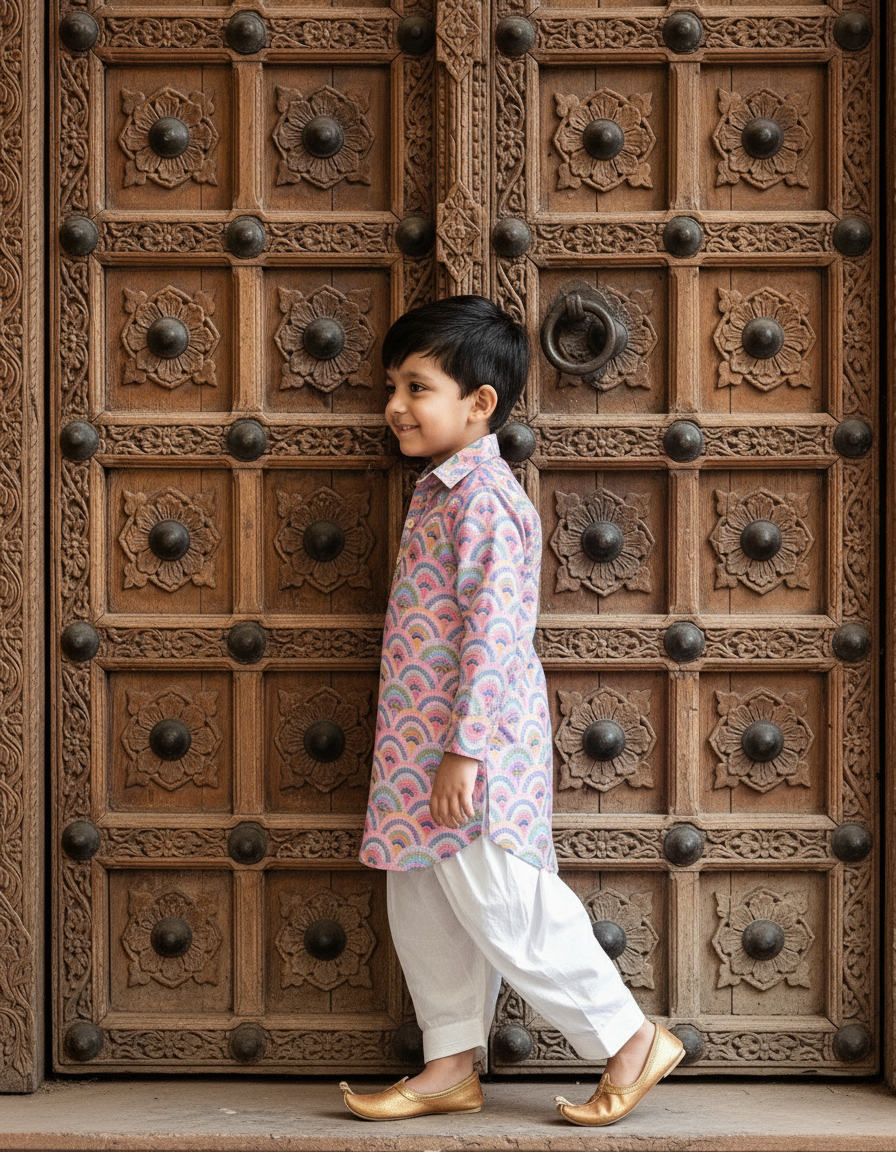 Pink & White 2 piece Digital Print Kurta Pajama Set for Boys