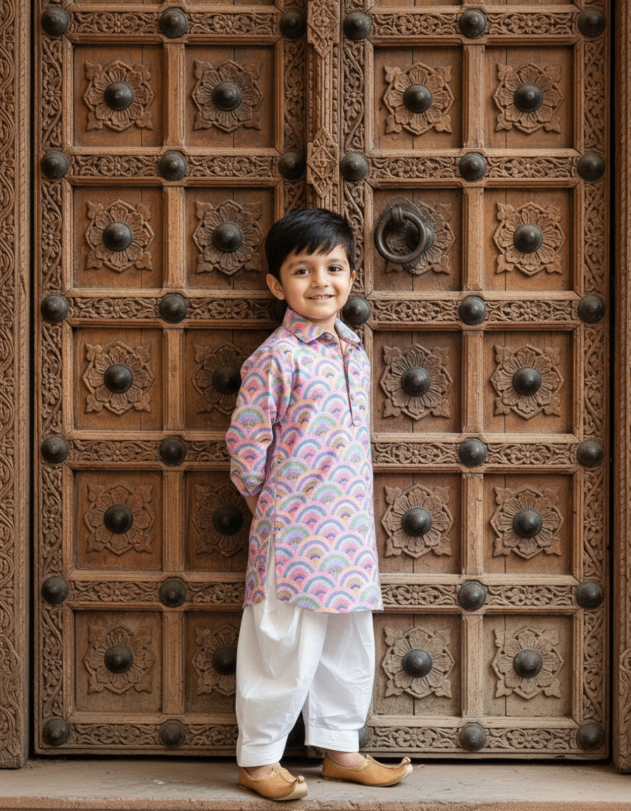 Pink & White 2 piece Digital Print Kurta Pajama Set for Boys