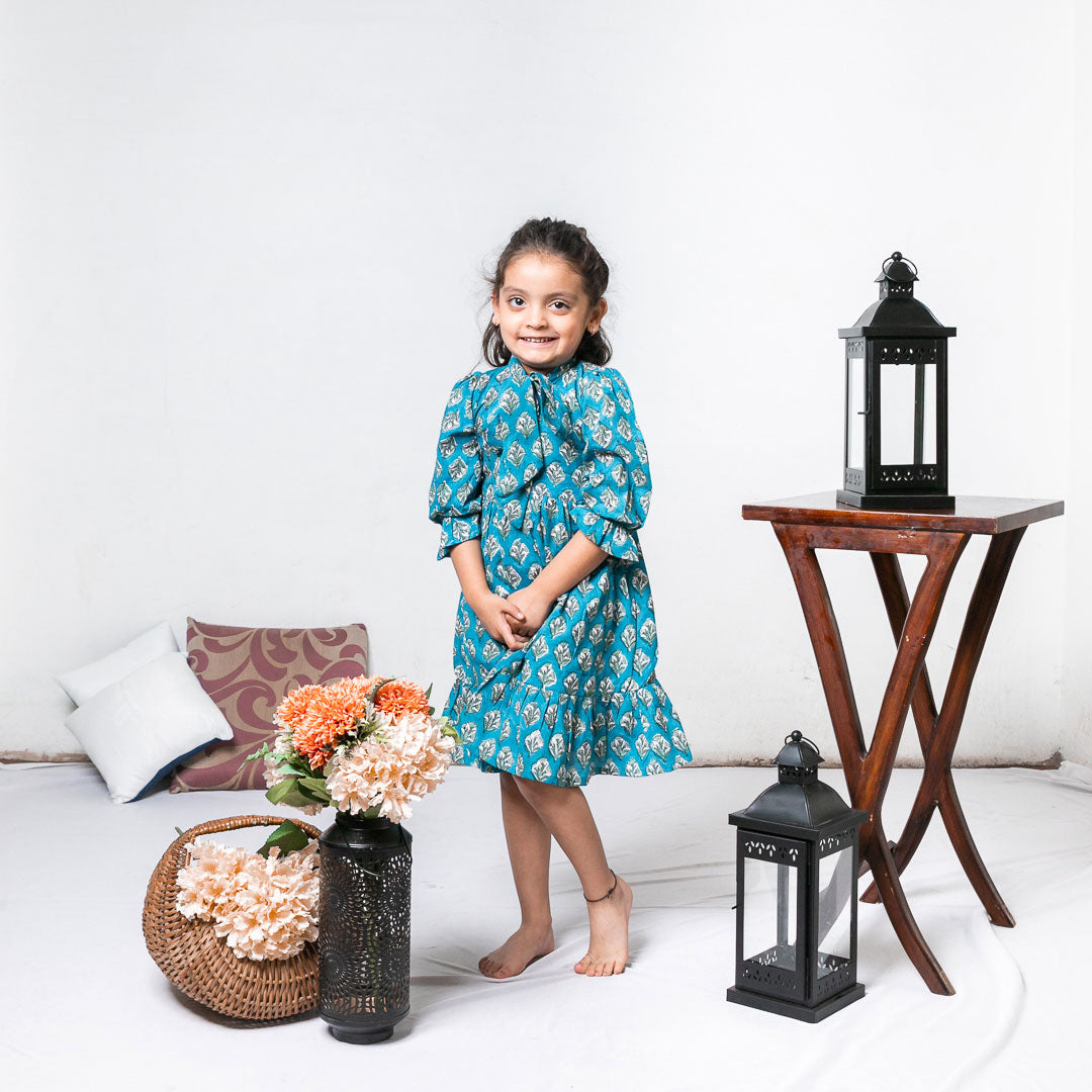 Blue Block Printed Soft Cotton Long Sleeves Ruffled Knee Length Dress For Girls