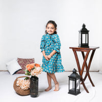 Thumbnail for Blue Block Printed Soft Cotton Long Sleeves Ruffled Knee Length Dress For Girls