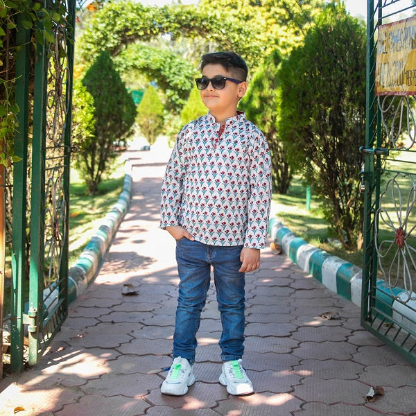 White & Red Cotton Block Print Kurta Style Shirt For Boys