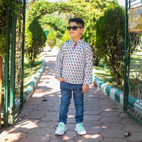 Thumbnail for White & Red Cotton Block Print Kurta Style Shirt For Boys