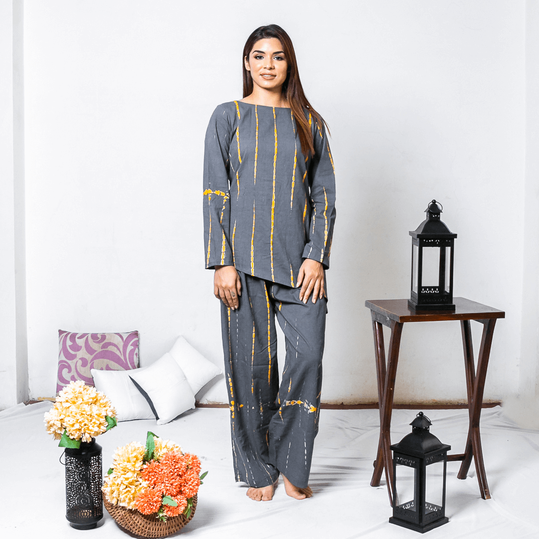 Grey Yellow Two Piece Cotton Shibori Co-Ord Set for Women