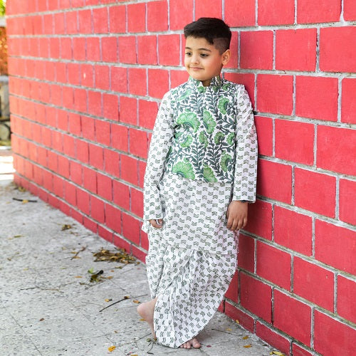 Green Three Piece Cotton Block Print Traditional Dhoti Kurta Jacket Set For Boys