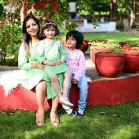 Thumbnail for Mom & Daughter Green & Animal Print Cotton with Hand Block Printed Twinning Set Trio
