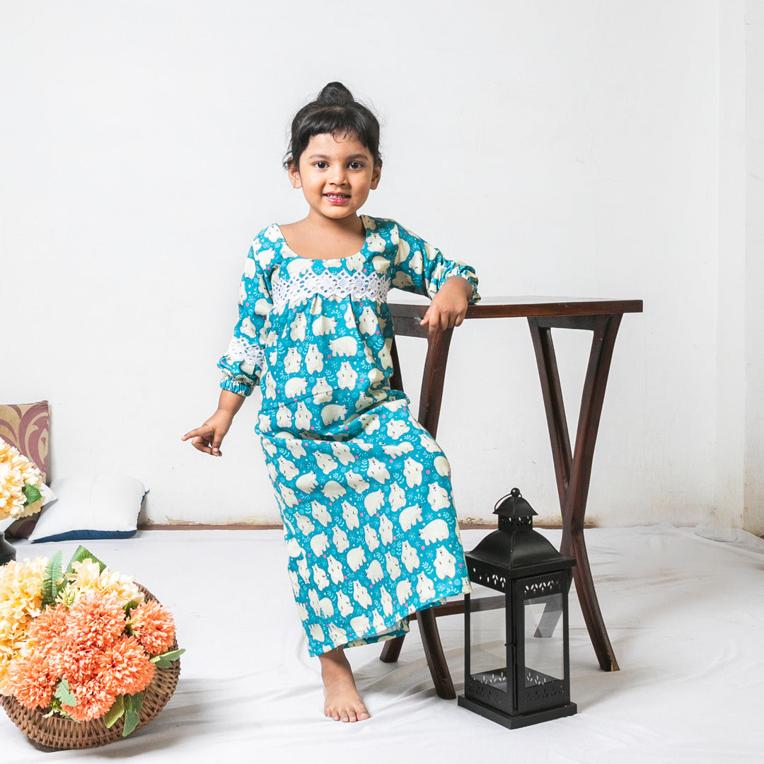Blue Bear Soft Cotton Block Print Nighty For Girl's