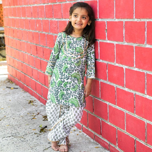 Two Piece Cotton Block Print Green White Dhoti kurta Set For Girls