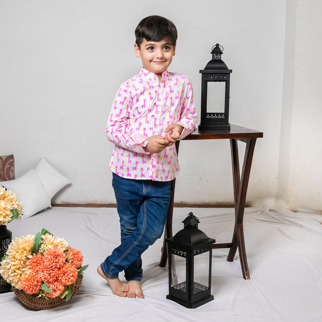 Pink Cotton Animal Block Print Shirt For Boys