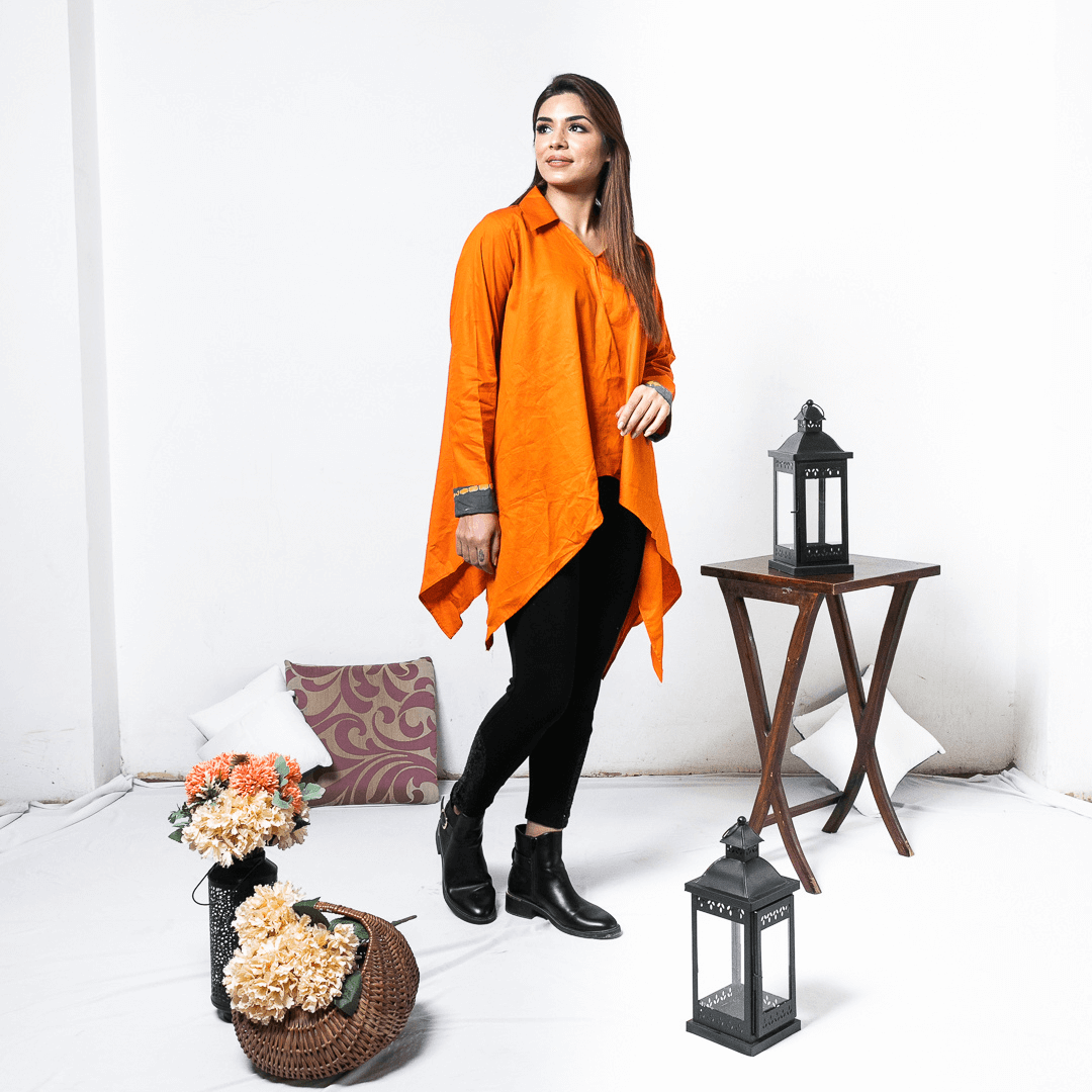 Orange Cotton Handkerchief Top With Grey Shibori Highlight on Sleeves for Women
