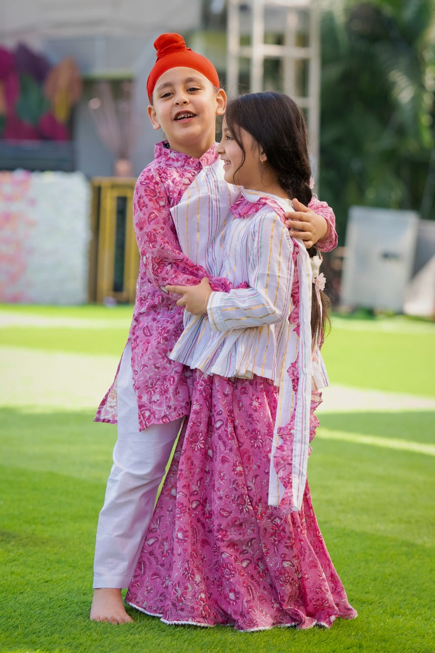 Boy & Girl Pink Cotton Hand Block Printed Twinning Set Duo