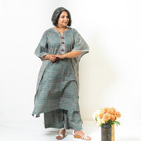 Thumbnail for Teal Two Piece Cotton Hand Block Print Kaftan And Palazzo Co-ord Set For Women