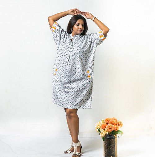 White Floral Print Embroidered Dress with Pockets for Women