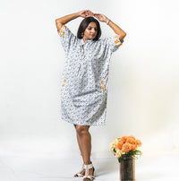 Thumbnail for White Floral Print Embroidered Dress with Pockets for Women