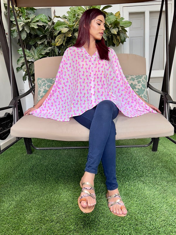 Pink and White Cotton Hand Block Giraffe Print Free Size Top For Women