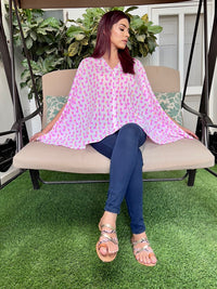 Thumbnail for Pink and White Cotton Hand Block Giraffe Print Free Size Top For Women